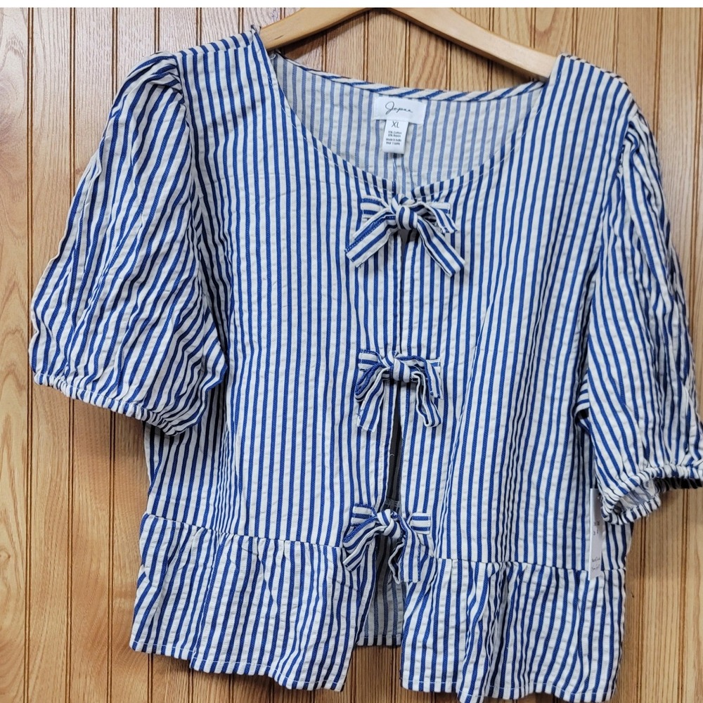 NWT Japna Singh Blue White Striped Seersucker Tie Front Peplum Top XL Girly Chic